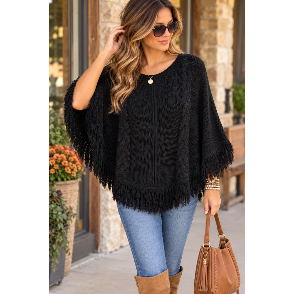 Energie Black Cable Knit Fringe Poncho Sweater One Size Boho Western Cozy
